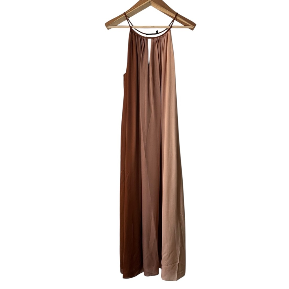 Theory women’s Dip Dye Crepe Silk Halter Maxi Dress Large Shell/Red Clay - Picture 5 of 13